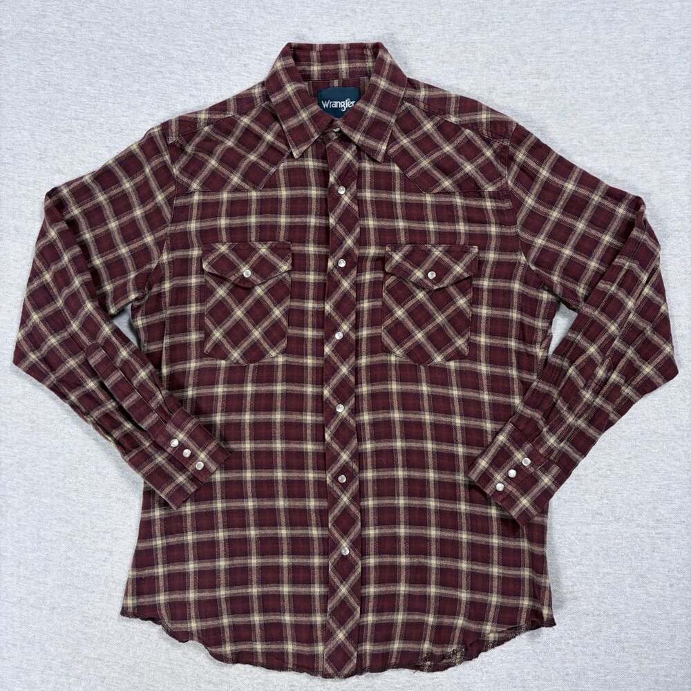 Wrangler Pearl Snap Western Plaid Long Sleeve Shirt Burgundy Medium